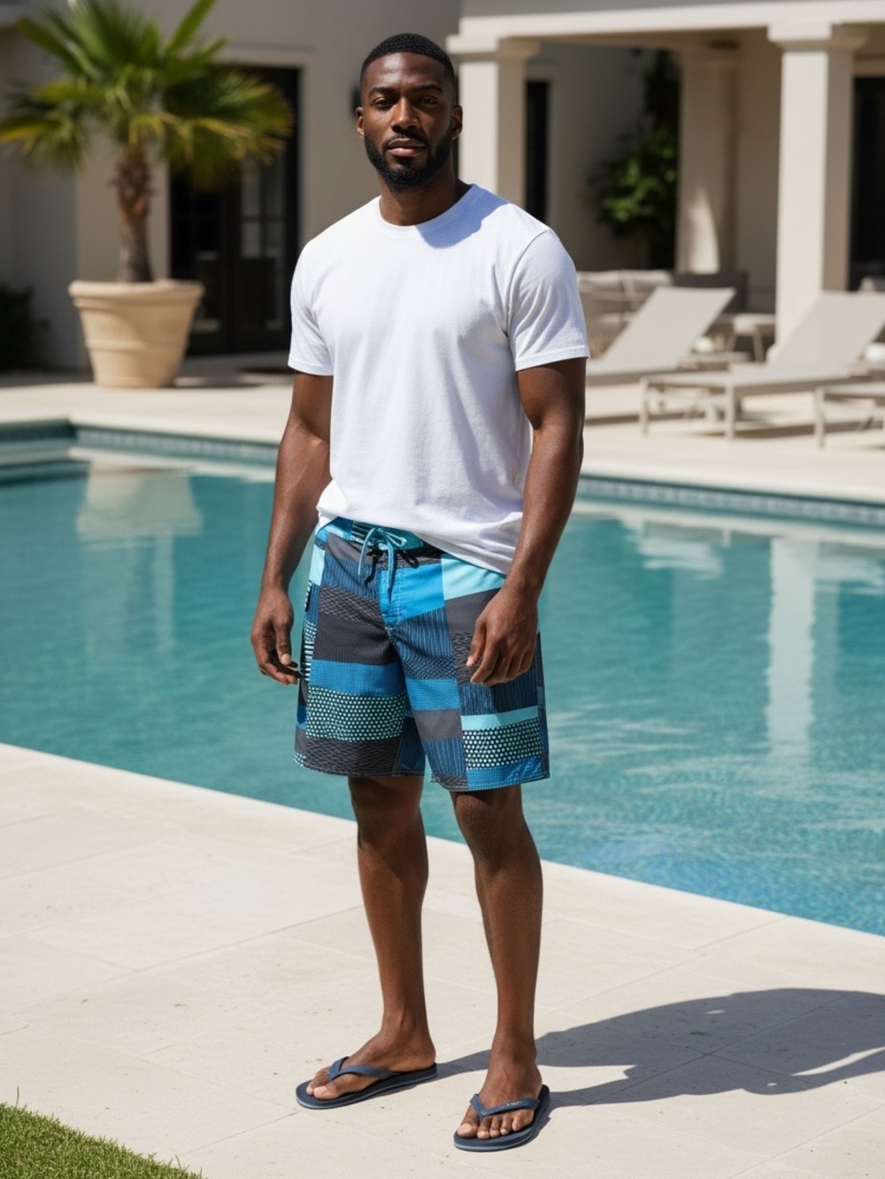 RVCA Men’s Geometric Stripe Patchwork Board Shorts Size 36 Aqua Swim Beach Pool